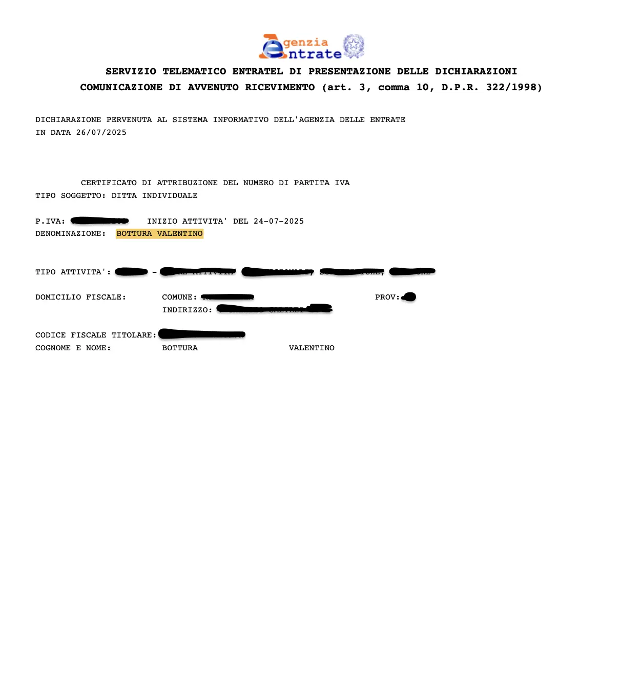Certificato di apertura della partita IVA di Valentino